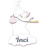 Meşgalem Pembe Uçan Leylek ve Bulut Temalı Kişiye Özel Kapı Süsü thumbnail 2