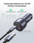 UGREEN 52.5W QC PD Hızlı Araç İçi Şarj Cihazı Çakmaklık Adaptörü 1xUSB-C, 1xUSB-A, Uzay Grisi, 60980 - 5