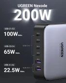 UGREEN Nexode 200W GaN II 6 Portlu Masaüstü Hızlı Şarj Cihazı İstasyonu 4xUSB-C, 2xUSB-A, Gri, 40914 - 3