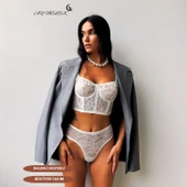 AYMELEK Bustiyer Takım Balenli Simli Kadife Kumaş B-Cap Transparan Tasarım - 4