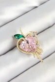 Pembe Ve Yeşil Zirkon Taşlı 3D Eriyen Kalp Figürlü Gold Renk Kadın Broş - 1