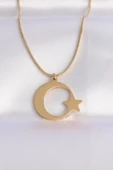316L Çelik Zincir Gold Renk Ay Yıldız Unisex Kolye thumbnail 1