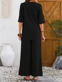 Kadın Kısa Kollu V Hakim Yaka Düğmeli Bürümcük Bluz Ve Pantolon Ikili Takım thumbnail 3