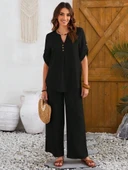 Kadın Kısa Kollu V Hakim Yaka Düğmeli Bürümcük Bluz Ve Pantolon Ikili Takım thumbnail 4