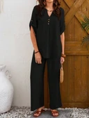 Kadın Kısa Kollu V Hakim Yaka Düğmeli Bürümcük Bluz Ve Pantolon Ikili Takım thumbnail 2