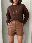 Beli lastikli çıtçıtlı deri şort kahve w241007 - 1