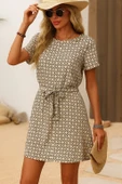 Lucky Life Kadın Kısa Kollu Yuvarlak Yaka Beli Kuşaklı Geometrik Desenli Süprem Elbise thumbnail 1