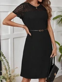 Lucky Life Kadın Kısa Kollu Bisiklet Yaka Dantel Detaylı Düğmeli Modal Elbise thumbnail 2