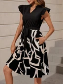 Lucky Life Kadın Kısa Kollu V Yakalı üst Janjan Krep Alt Desenli Süprem Mini Elbise thumbnail 1