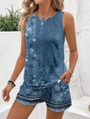 Lucky Life Kadın Askılı Yuvarlak Yaka çiçek Baskılı Süprme Bluz Ve Short Ikili Takım thumbnail 4