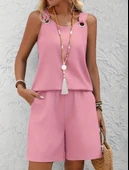 Lucky Life Kadın Askılı Yuvarlak Yaka Kuş Gözü Detaylı Bürümcük Bluz Ve Short Ikili Takım thumbnail 4