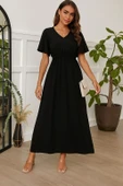 Lucky Life Kadın Kısa Kollu V Yakalı Beli Lastikli Uzun Viskon Elbise thumbnail 2