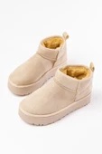 NDR-2850 Bej Süet İçi Kürklü Kışlık Kapalı Burun Kadın Günlük Terlik thumbnail 3