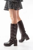 5109-3015 Kahverengi Topuklu Fermuarlı Toka Aksesuarlı Günlük Kadın Çizme thumbnail 3