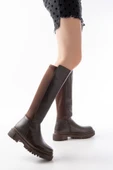 812-305 Kahve Arkası Streç Fermuarlı Günlük Kadın Çizme - 1