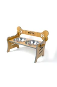 RealWood Suya Dayanıklı Ahşap Özel İsim Baskılı Çelik Kaseli Kademeli Köpek Mama ve Su Kabı Stantı - 3