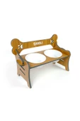 RealWood Suya Dayanıklı Ahşap Özel İsim Baskılı Seramik Kaseli Kademeli Köpek Mama ve Su Kabı Stantı - 3