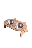 RealWood Kedi Su Ve Mama Kabı Standı - Ahşap Mdf - Eğimli Kedi Kafa Modeli - Çelik Kase - 2*350ml - 3
