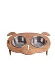 RealWood Köpek Su Ve Mama Kabı Standı - Ahşap Mdf - Eğimli Köpek Modeli - 2'li - Çelik Kase - 2*350ml - 1
