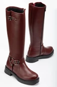 02-312 Bordo Toka Aksesuarlı Fermuarlı Günlük Kadın Çizme - 1