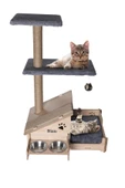 RealWood Çok Amaçlı Katlı Kedi Evi-isim Baskılı-ahşap Mdf-tırmalama Çubuklu-gri Minder-çelik Kase-2*350 - 1