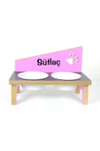 RealWood Özel İsimli Seramik Kaseli, Ahşap, Kedi- Köpek Mama Ve Su Kabı Stantı-Pembe-Antrasit-Pembe/2*400 ml. - 2