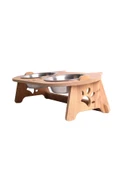 RealWood Kedi Su Ve Mama Kabı Standı - Ahşap Mdf - Eğimli Kedi Kafa Modeli - Çelik Kase - 2*350ml - 4