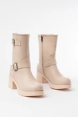 5109-3043 Bej Toka Aksesuarlı Fermuarlı Kalın Topuklu Günlük Kadın Bot thumbnail 5
