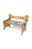RealWood Suya Dayanıklı Ahşap Özel İsim Baskılı Çelik Kaseli Kademeli Köpek Mama ve Su Kabı Stantı - 2