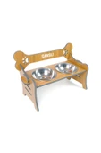 RealWood Suya Dayanıklı Ahşap Özel İsim Baskılı Çelik Kaseli Kademeli Köpek Mama ve Su Kabı Stantı - 3
