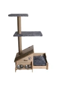 RealWood Çok Amaçlı Katlı Kedi Evi-isim Baskılı-ahşap Mdf-tırmalama Çubuklu-gri Minder-çelik Kase-2*350 - 4