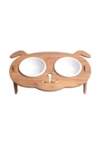 RealWood Köpek Su Ve Mama Kabı Standı - Ahşap Mdf - Eğimli Köpek Kafa Modeli-2'li-beyaz Seramik Kase-2*400ml - 2
