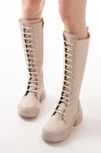 FZ-2450 Bej Yüksek Tabanlı Bağcıklı Fermuarlı Günlük Kadın Çizme - 2