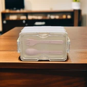 Dikdörtgen İki Katlı Lunch Box Pembe Renk  Beslenme Kutusu Saklama Kutusu - 3