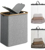 Katlanır Kumaş 100 Lt Bambu Çamaşır Sepeti 2 Bölmeli İçi Fileli Kirli Çamaşır Sepeti - 1