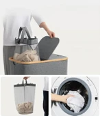 Katlanır Kumaş 100 Lt Bambu Çamaşır Sepeti 2 Bölmeli İçi Fileli Kirli Çamaşır Sepeti - 5