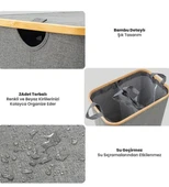 150 Lt Katlanır Kumaş Bambu Çamaşır Sepeti 2 Bölmeli İçi Fileli Kirli Çamaşır Sepeti - 4