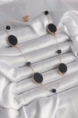 Pirinç Gold Renk Siyah Renk Oval Siyah Küp Detay Kadın Kolye - 2