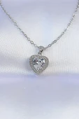 316L Çelik Zincir Gümüş Renk Zirkon Taşlı Charm Kalp Kolye thumbnail 1
