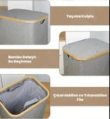 70 Lt Katlanır Kumaş Bambu Çamaşır Sepeti İçi Fileli Kirli Çamaşır Sepeti - 4