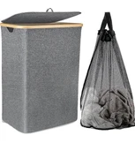 70 Lt Katlanır Kumaş Bambu Çamaşır Sepeti İçi Fileli Kirli Çamaşır Sepeti - 2