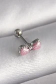 316L Çelik Gümüş Renk Pembe Kurdele Zirkon Taş Detay Tragus Piercing thumbnail 1