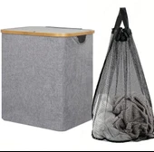 60 Lt Katlanır Kumaş Bambu Çamaşır Sepeti İçi Fileli Kirli Çamaşır Sepeti - 2