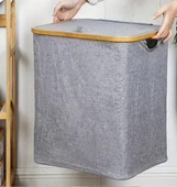 60 Lt Katlanır Kumaş Bambu Çamaşır Sepeti İçi Fileli Kirli Çamaşır Sepeti - 3