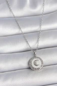 316L Çelik Gümüş Renk Zincir Beyaz Mineli Hilal İşlemeli Madalyon Model Kadın Kolye thumbnail 1