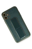 iPhone 12 Kılıf Coco Karbon Standlı Kapak - Yeşil thumbnail 2