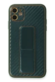 iPhone 12 Kılıf Coco Karbon Standlı Kapak - Yeşil thumbnail 1
