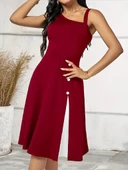 Lucky Life Kadın Tek Omuzu şerit Detaylı Kolsuz Yandan Düğme Detaylı Janjan Krep Elbise thumbnail 3