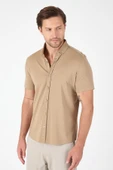 Koyu Bej Kısa Kol Düğmeli Yaka Cepsiz Performans Ürün Slim Fit  Gömlek 1004250256 thumbnail 3