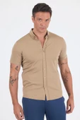 Koyu Bej italyan Düğmeli Yaka Kısa Kol Cepsiz Slim Fit Gömlek 1004250255 thumbnail 1